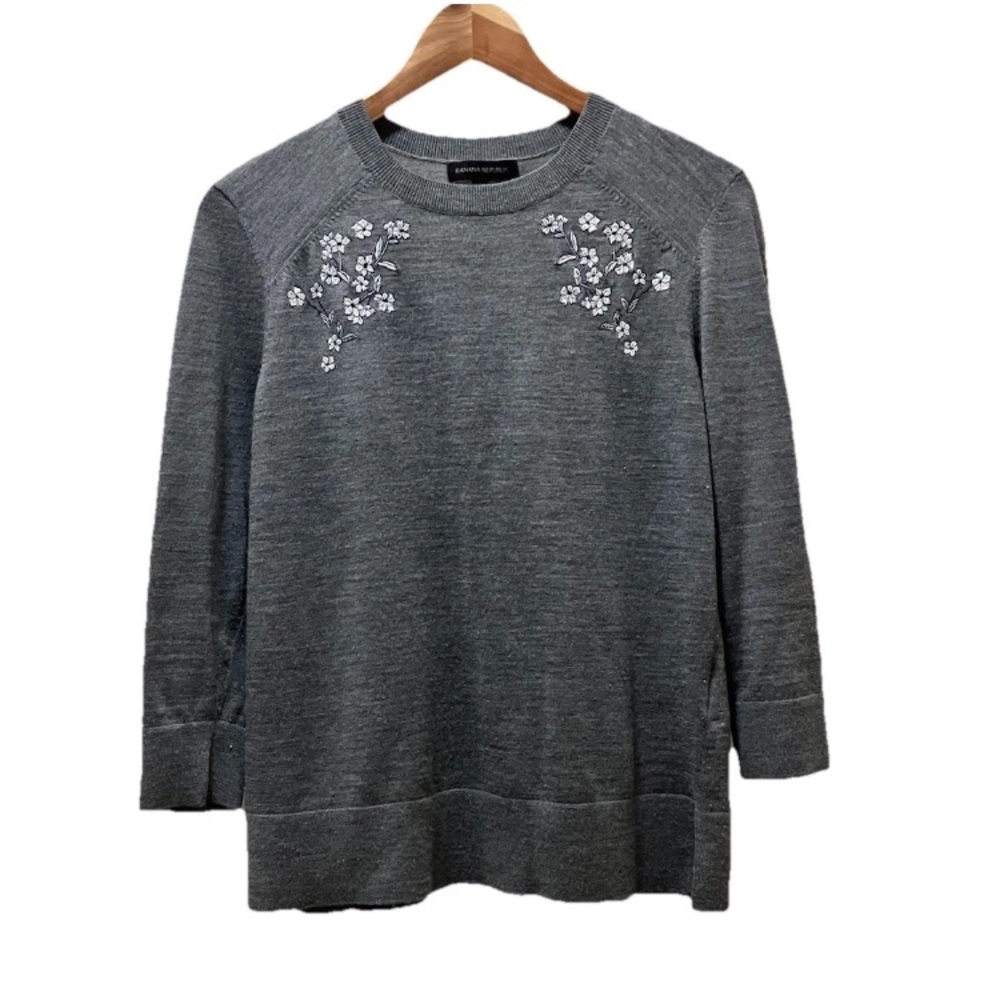 Merino Wool Banana Republic Floral Embroidered Sweater Fitted Women's Sz M Gray